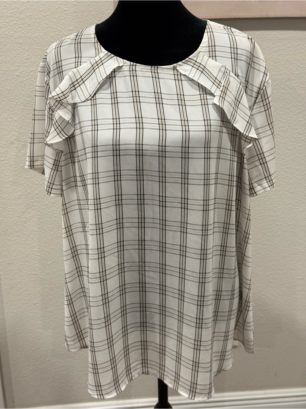 Van Heusen White and Black Plaid Ruffle Sleeve Blouse